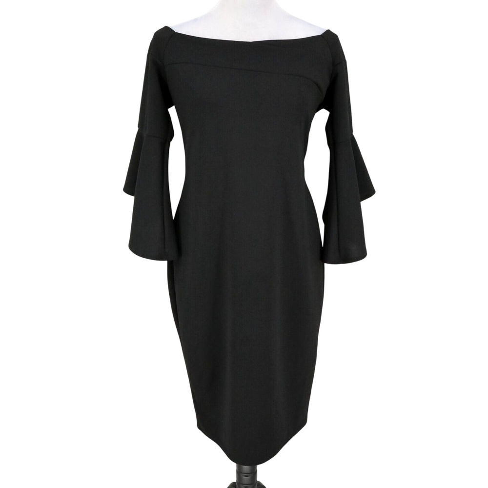 Bebe Dress Womens 10 Black Boat Neck Fitted Bodycon Bell Sleeves Party Wedding